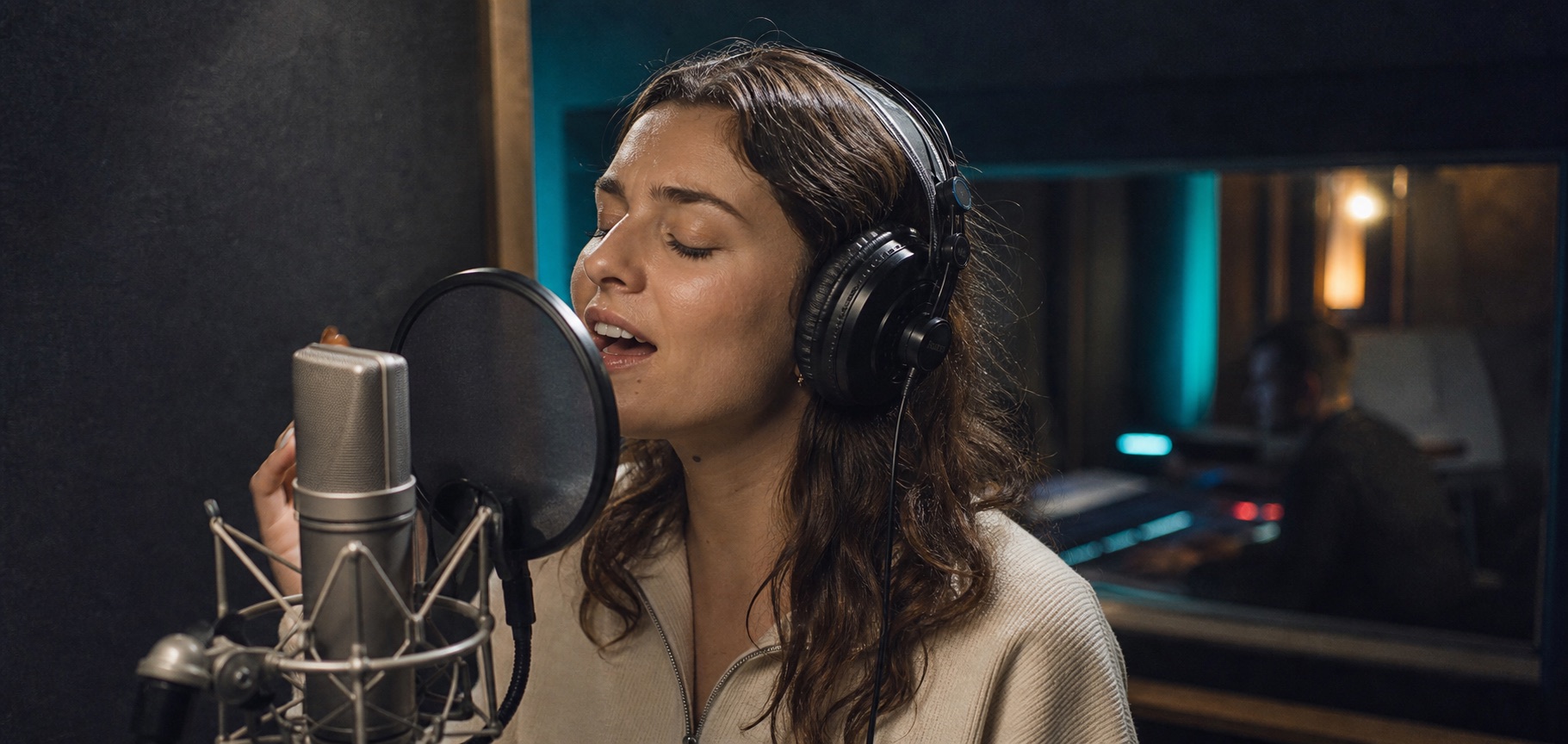 Een deelnemer neemt vocals op in een opnameomgeving.