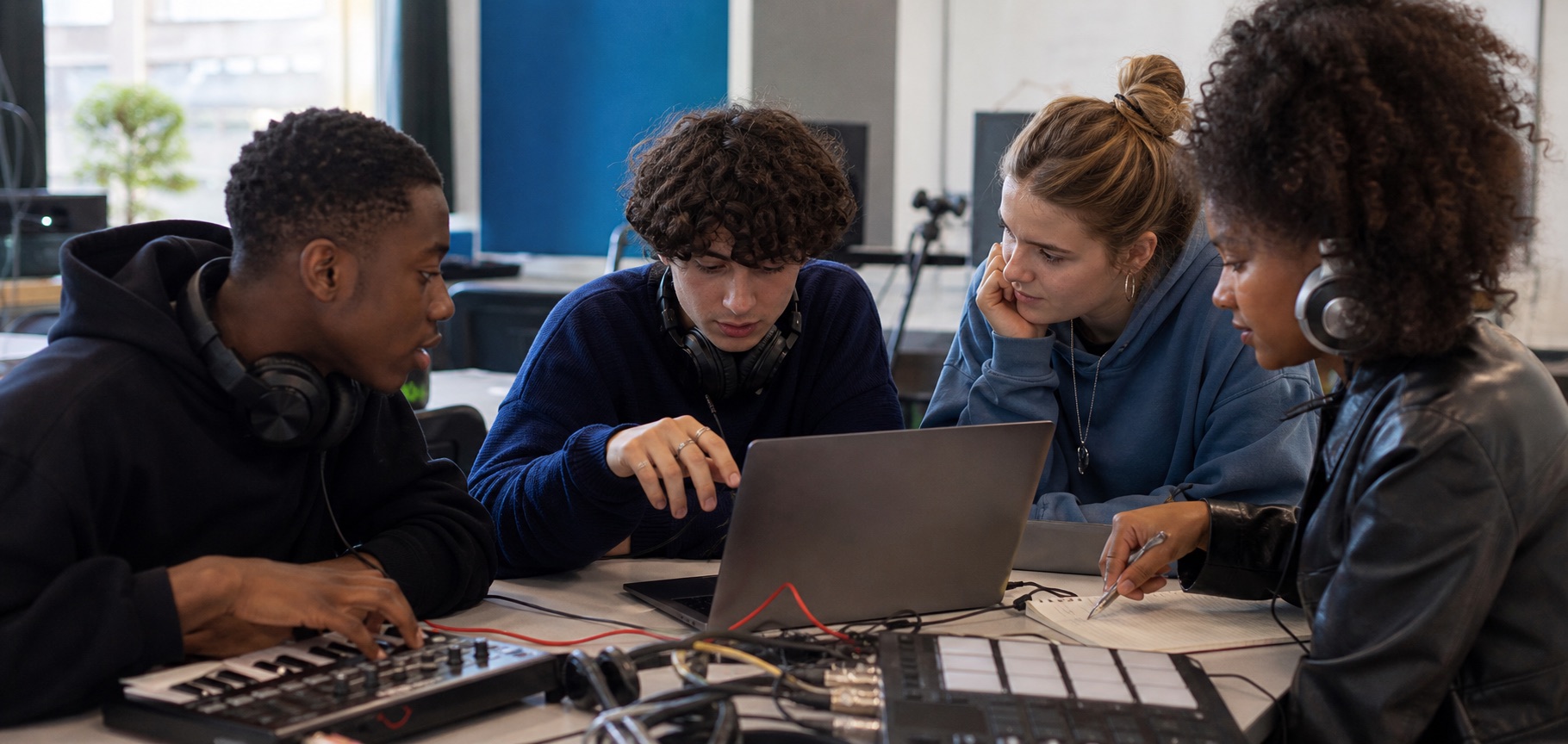 Jongeren werken samen aan muziek tijdens een workshop.